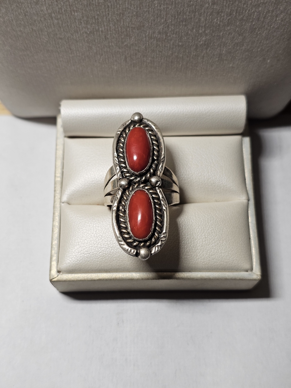 Sterling Silver Double Oval Red Coral Ring Size 9¼